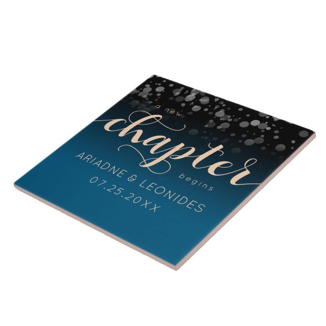 Elegant Peach Oceanic Blue Wedding A New Chapter Tile (Side)