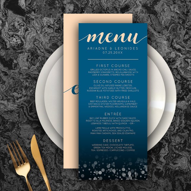 Elegant Peach Oceanic Blue Wedding Dinner Menu (Elegant Peach and Oceanic Blue Wedding Menu Rack Card Cover Photo.)