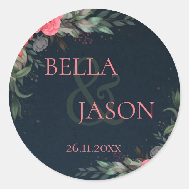Elegant Peach Orange Bride Groom Floral Wedding  Classic Round Sticker (Front)