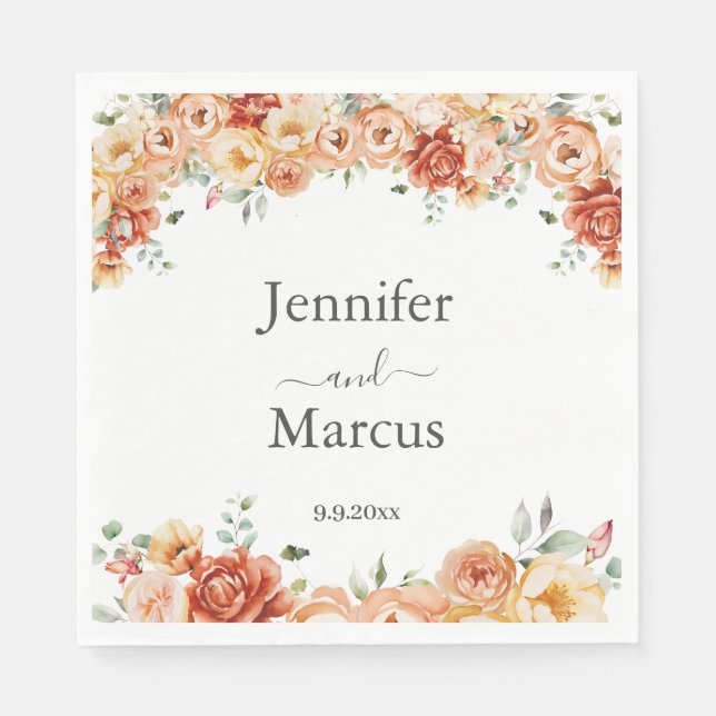 Elegant Peach, Orange Floral Cocktail Paper Napkin (Front)
