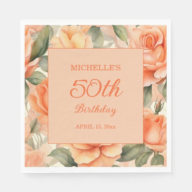 Elegant Peach Orange Floral Roses 50th Birthday Napkin (Front)