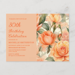Elegant Peach Orange Floral Roses 80th Birthday Invitation Postcard