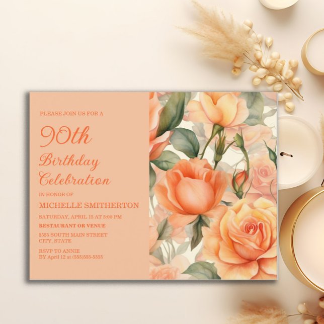 Elegant Peach Orange Floral Roses 90th Birthday Invitation Postcard (Peach roses 90th birthday party postcard invitation)