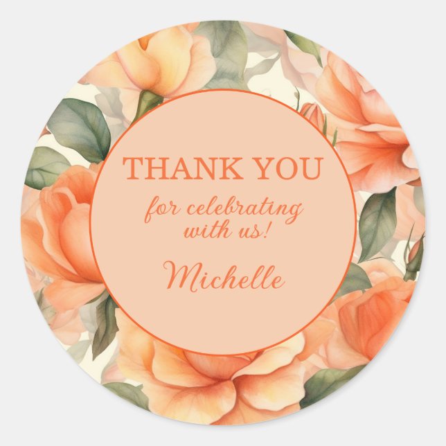Elegant Peach Orange Floral Roses Thank You Classic Round Sticker (Front)