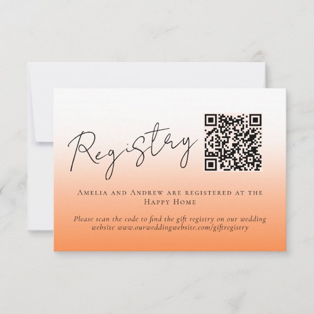 Elegant Peach Orange Fuzz QR Code Wedding Registry RSVP Card (Front)