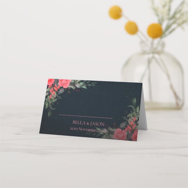 Elegant Peach Orange Grey Floral Wedding Party Place Card (Front)
