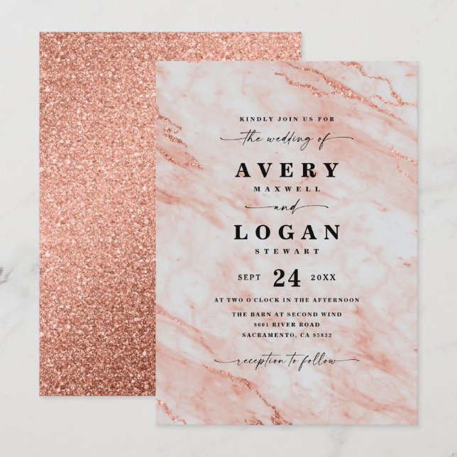 Elegant Peach Orange Marble & Glitter Wedding Invitation (Front/Back)