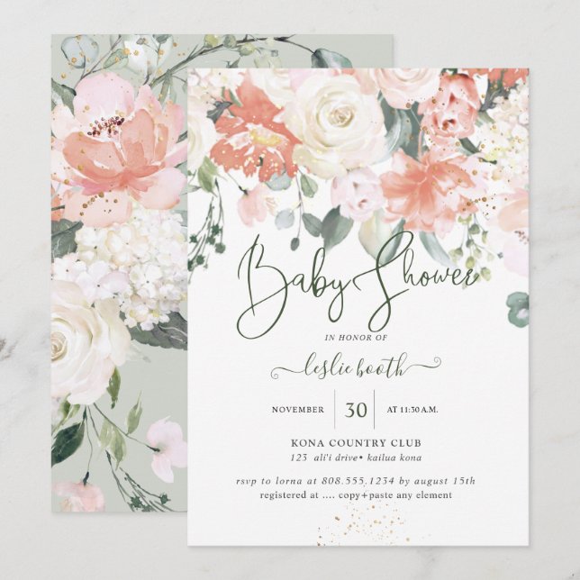 Elegant Peach Peonies Cream Roses Baby Shower Invitation (Front/Back)