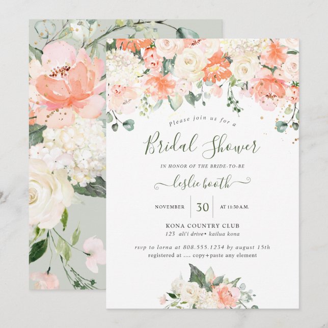 Elegant Peach Peonies Cream Roses Bridal Shower Invitation (Front/Back)