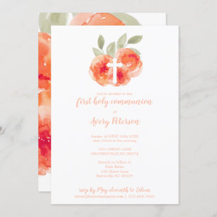Elegant Peach Peonies Cross First Holy Communion Invitation