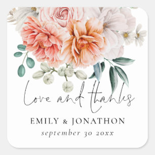 Elegant Peach Peonies Florals Love and Thanks Square Sticker