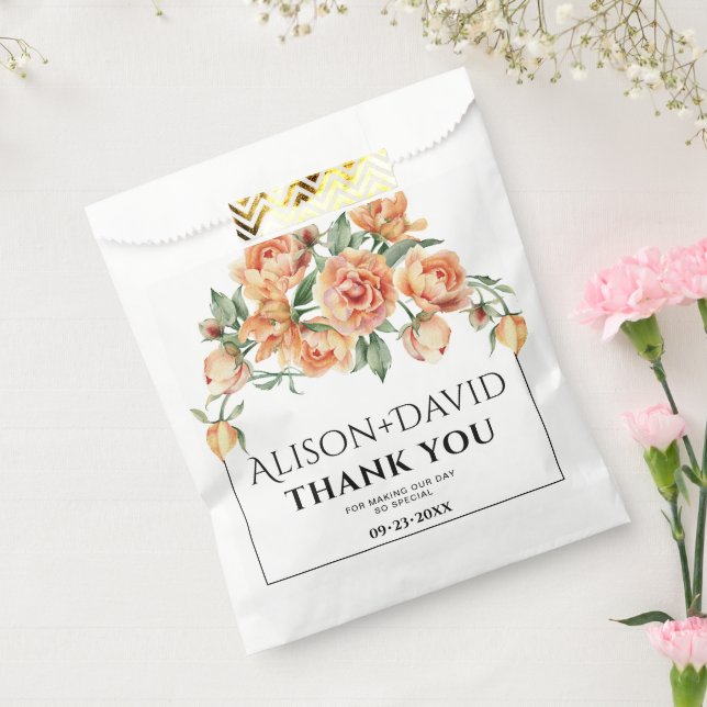 Elegant peach peony flowers and typography wedding favour bags (Sealed)