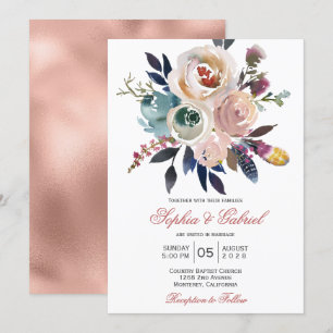 Elegant Peach Pink Blue Floral Wedding Invitation