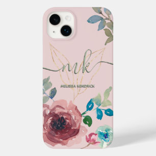 Elegant Peach Pink Botanical Roses Monogram Name Case-Mate iPhone 14 Plus Case