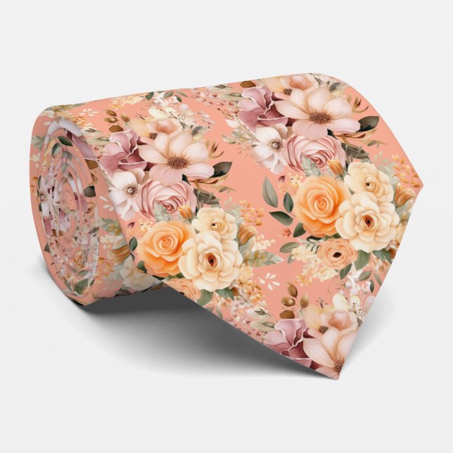 Elegant Peach Pink Flowers Floral Tie (Rolled)