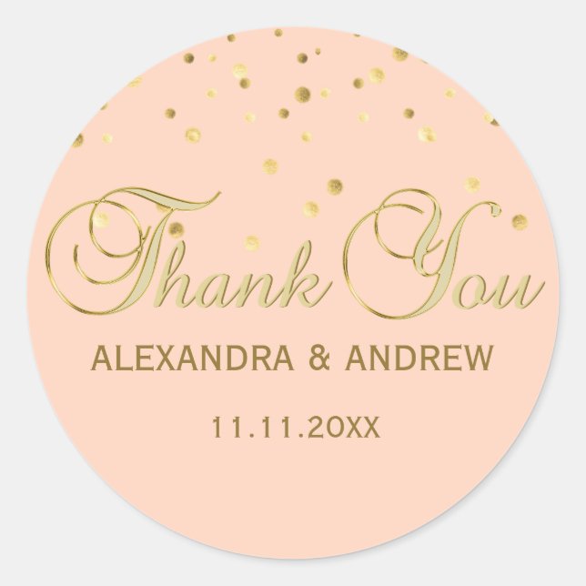 Elegant PEACH Pink Gold Wedding Thank You Classic Round Sticker (Front)