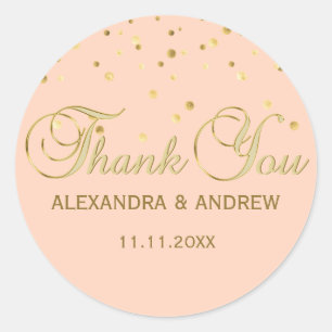 Elegant PEACH Pink Gold Wedding Thank You Classic Round Sticker