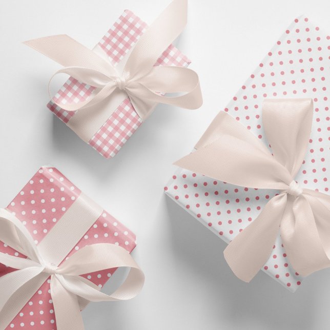 Elegant Peach Pink Polka Dots Gingham Pattern Mix Wrapping Paper Sheet (Elegant, peach pink polka dots and gingham checks pattern mix and match wrapping paper sheets.)
