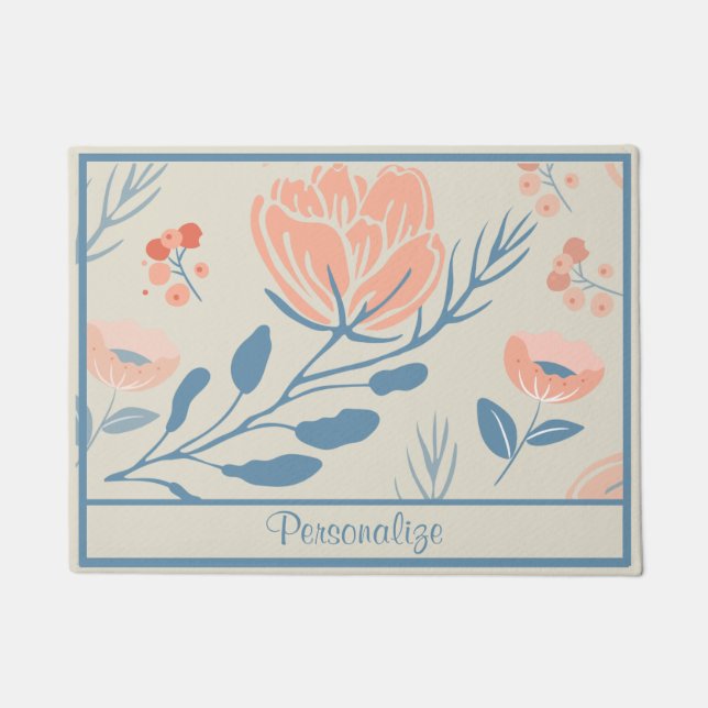 Elegant Peach Pink Rose Blue Stem Floral Doormat (Front)