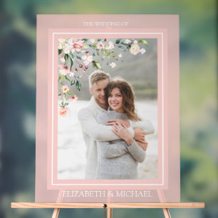 Elegant Peach Pink Watercolor Floral Photo Wedding Acrylic Sign