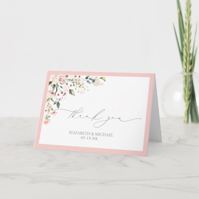 Elegant Peach Pink Watercolor Floral Thank You Card (Front)