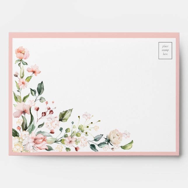 Elegant Peach Pink Watercolor Floral Wedding Envelope (Front)
