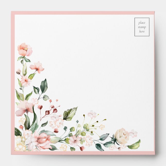 Elegant Peach Pink Watercolor Floral Wedding Envelope (Front)