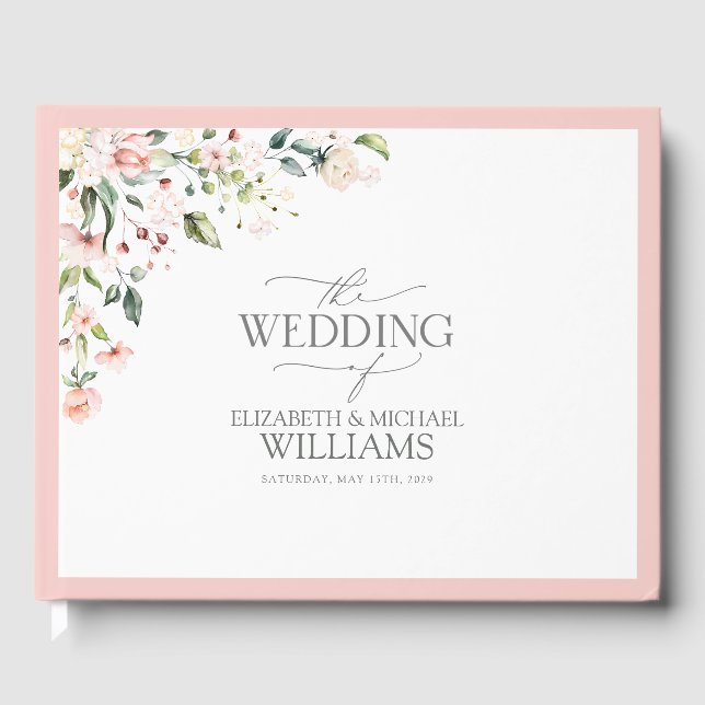 Elegant Peach Pink Watercolor Floral Wedding Guest Book (Front)