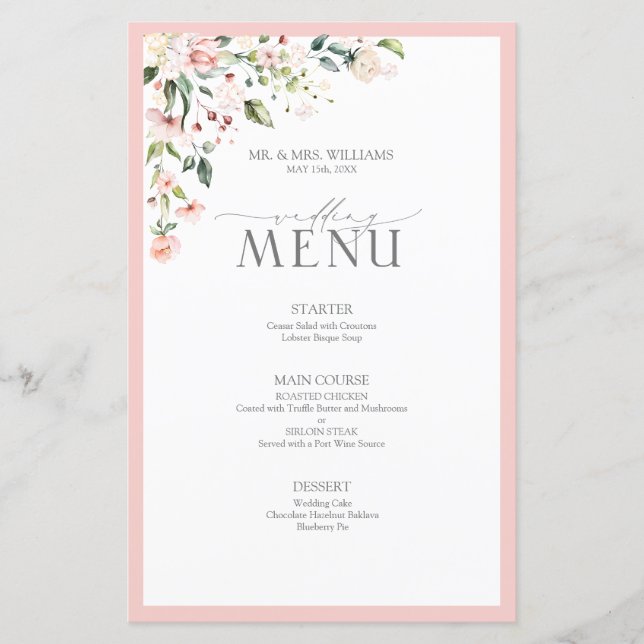 Elegant Peach Pink Watercolor Floral Wedding Menu (Front)