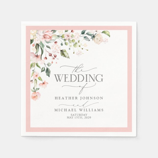 Elegant Peach Pink Watercolor Floral Wedding Napkin (Front)