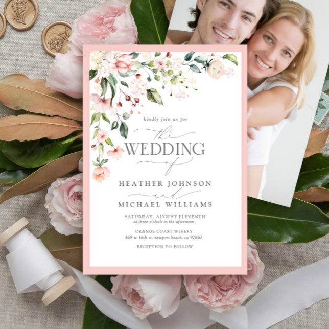 Elegant Peach Pink Watercolor Floral Wedding Photo Invitation (Creator Uploaded)