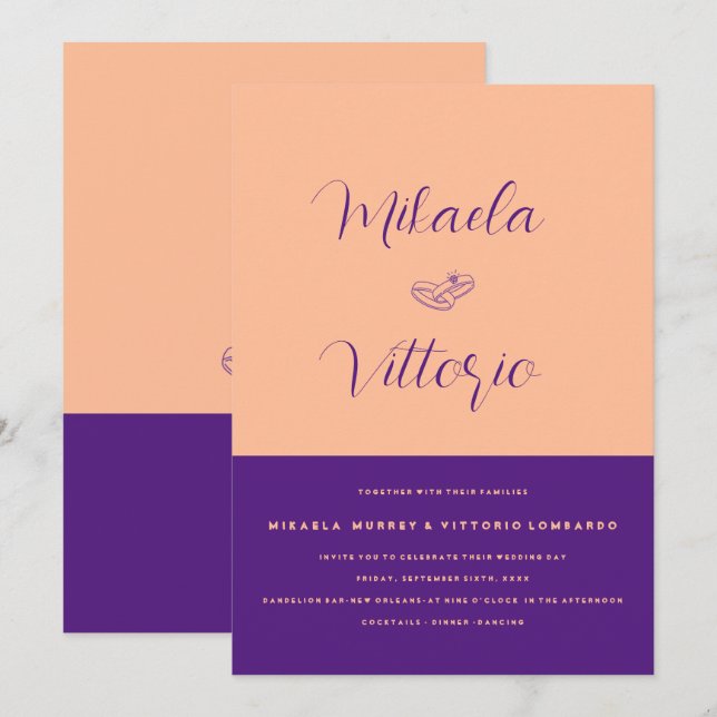 Elegant Peach Purple Wedding Invitation (Front/Back)