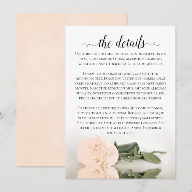 Elegant Peach Romantic Rose Wedding Details Enclosure Card (Front/Back)