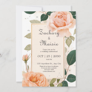 Elegant Peach Rose Gold Frame Floral Wedding Invitation