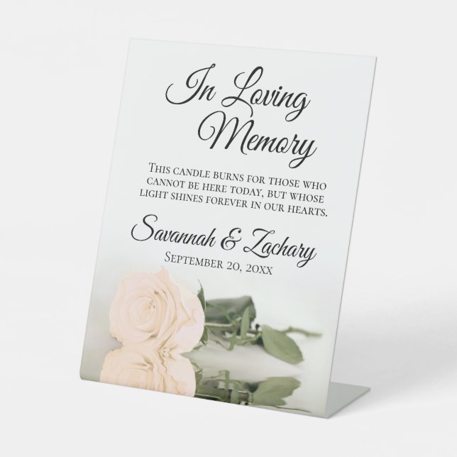 Elegant Peach Rose Loving Memory Wedding Memorial Pedestal Sign (Front)