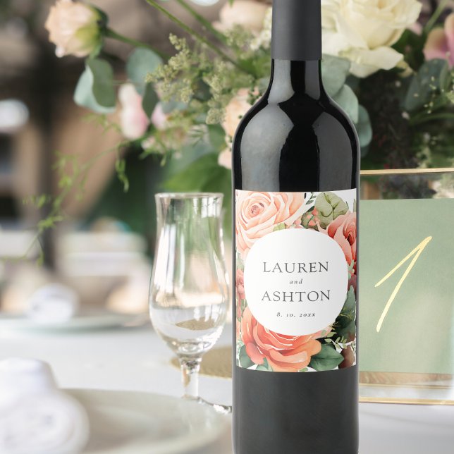 Elegant Peach Rose Personalised Wedding Wine Label (Creator Uploaded)