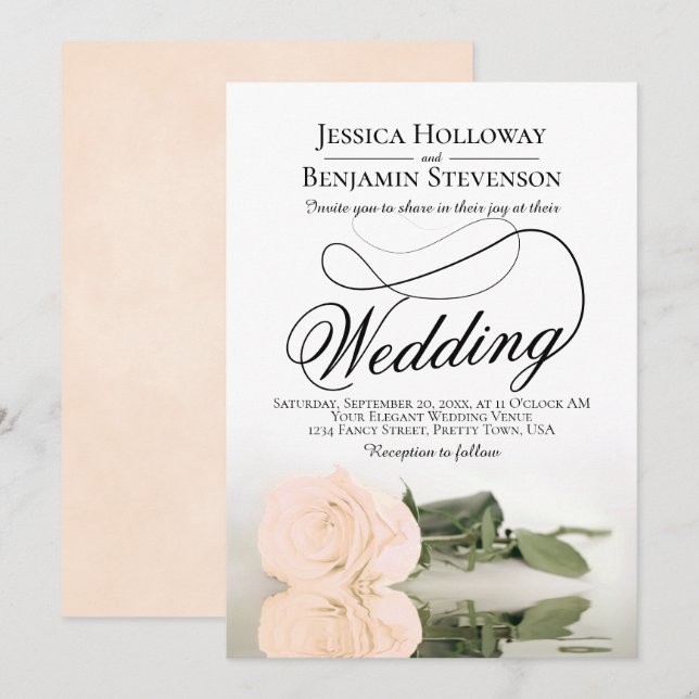 Elegant Peach Rose Reflection Romantic Wedding Invitation (Front/Back)