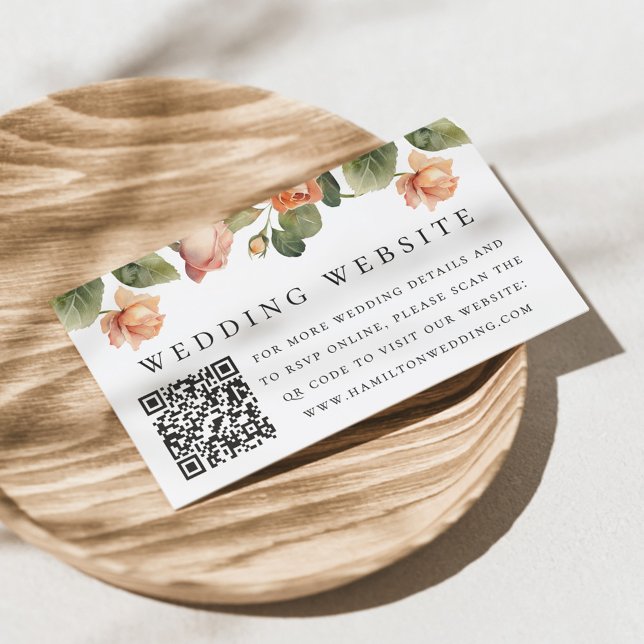Elegant Peach Rose Wedding Website QR Code Enclosure Card (Creator Uploaded)