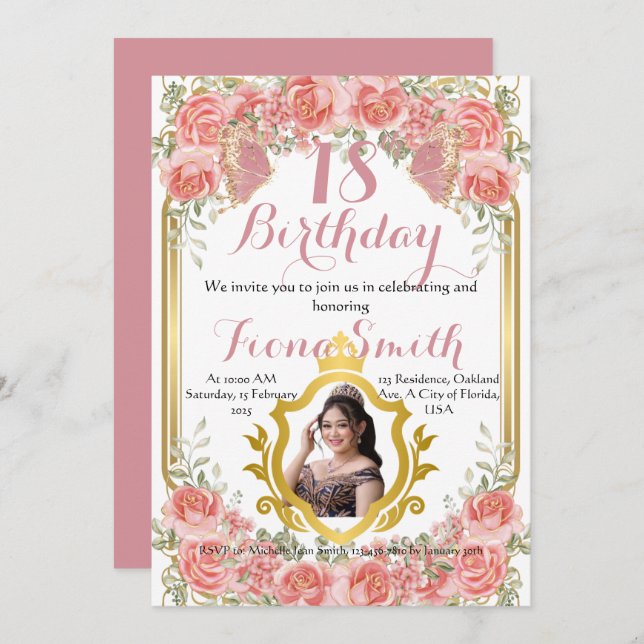 Elegant Peach Roses Floral Birthday Invitation Car (Front/Back)