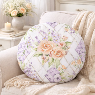 Elegant Peach Roses Lavender Floral Cottagecore Round Cushion