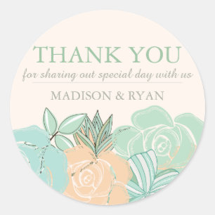 Elegant Peach Roses Mint Floral Wedding Thank You Classic Round Sticker