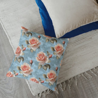 Elegant Peach Roses on Blue Background Cushion