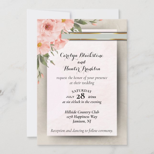 Elegant Peach & Sage Green wedding Invitation (Front)