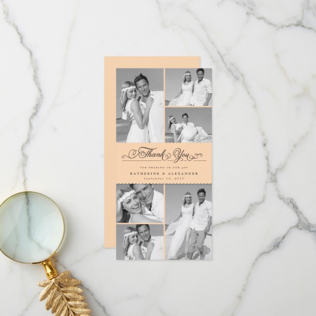 Elegant Peach Scalloped Band 6 Photo Chic Wedding Thank You Card (Front/Back In Situ)