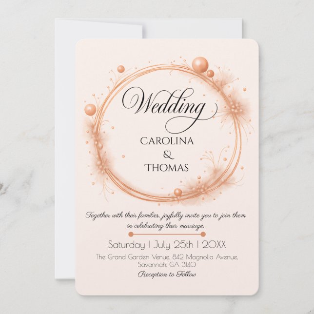 Elegant Peach Sparkle Wedding Script Calligraphy Invitation (Front)