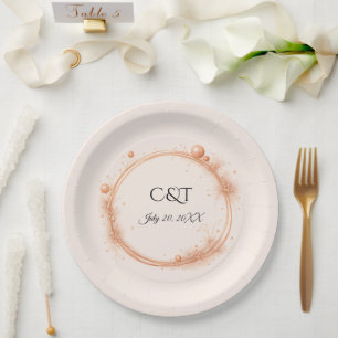 Elegant Peach Sparkle Wedding Script Calligraphy Paper Plate