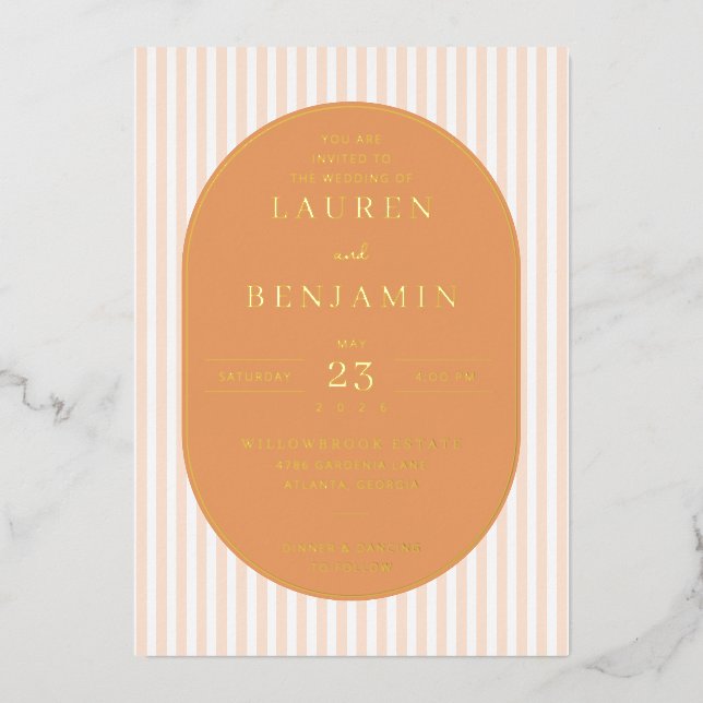Elegant Peach Striped Wedding Invitation (Front)