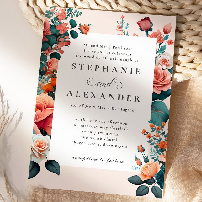 Elegant Peach & Teal Floral Formal Wedding Invitation (Creator Uploaded)