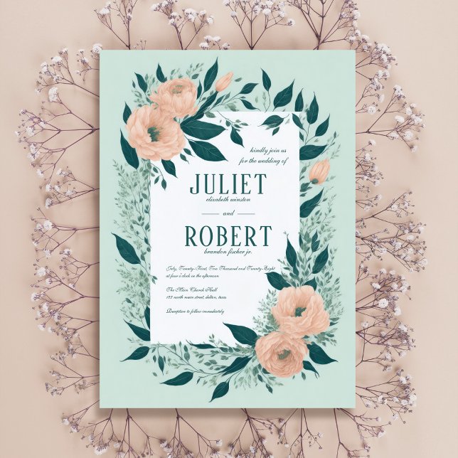 Elegant Peach Teal Floral Leaf Framed Wedding Invitation (Creator Uploaded)