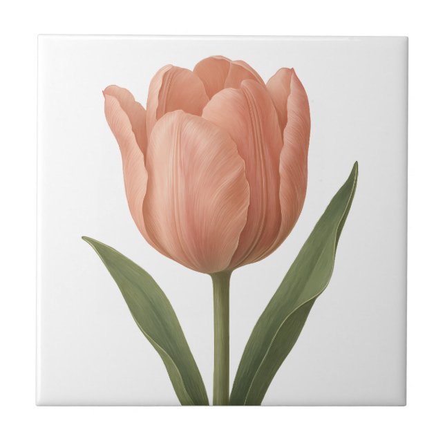 Elegant Peach Tulip Botanical Illustration Tile (Front)